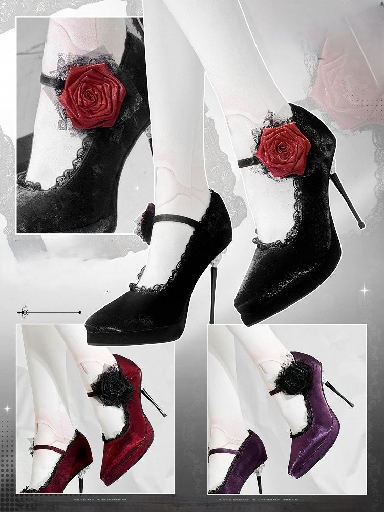 Black Gothic Floral Decorated Pointed Toe Satin High Heels