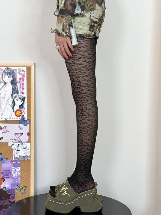 Black Y2K Leopard Pattern Tights
