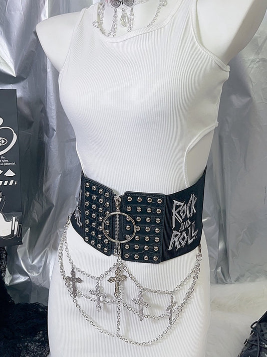 Black Punk Studs Details Cross Charm Waist Corset Belt