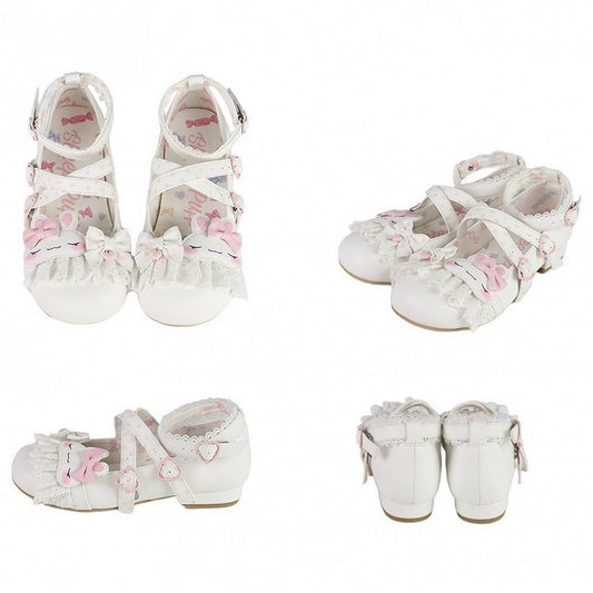 White Polka-dot Pattern Crisscross Design Bowknot Details Bunny Applique Lace Trim Sweet Lolita Shoes