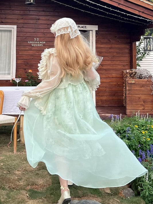 Plus Size Basque Waist Green Summer Floral Dress High-low Skirt