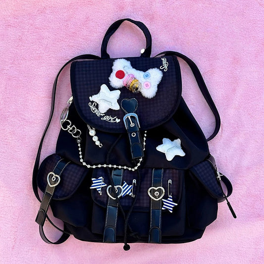 Black Plaid Y2K Backpack with Multi-Pockets & Fluffy Star & Bone Decor Vintage Grunge Style