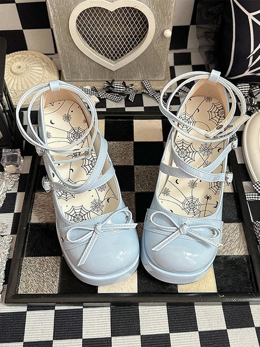 Bowknot at Top Blue High Block Heel Platform Mary Janes