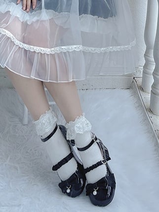 Black Bowknot Heart Buckle Strap Lace Details Block Heel Lolita Mary Janes