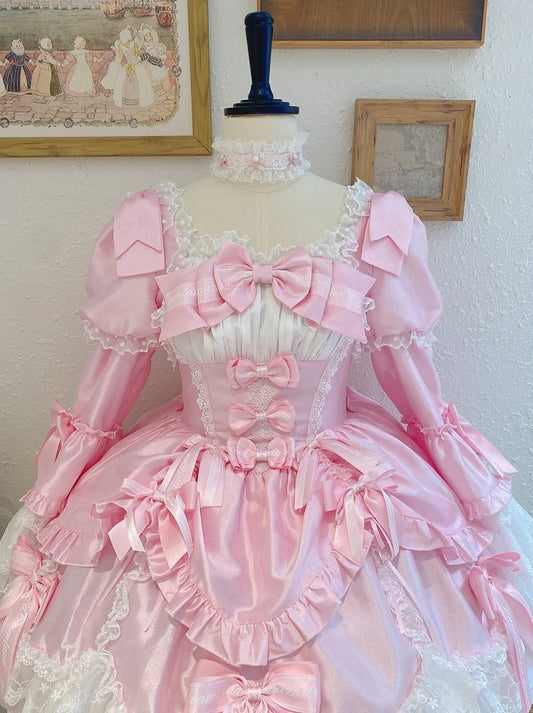 Clearance-Size S for Bust 84-90CM Light Pink Bow Accents Sweet Old School Lolita Princess Dress with Detachable Bell Sleeves