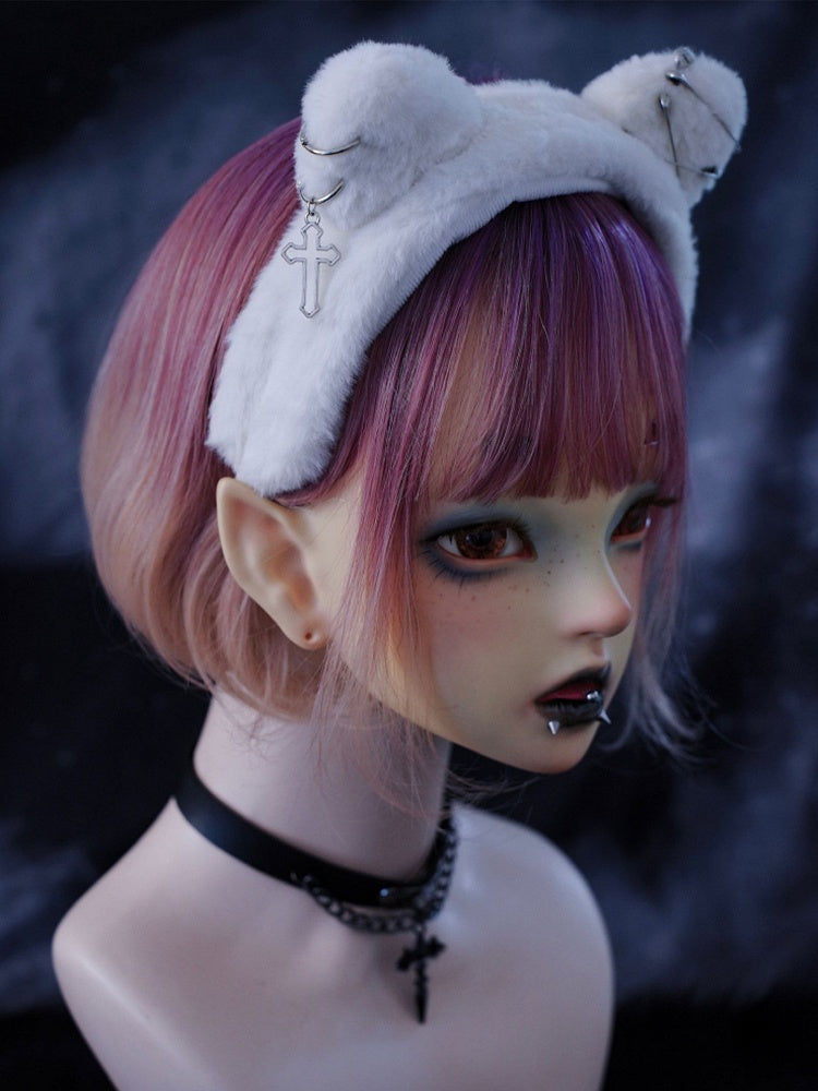 Metal Cross Goth White Plush Kitten Ears KC