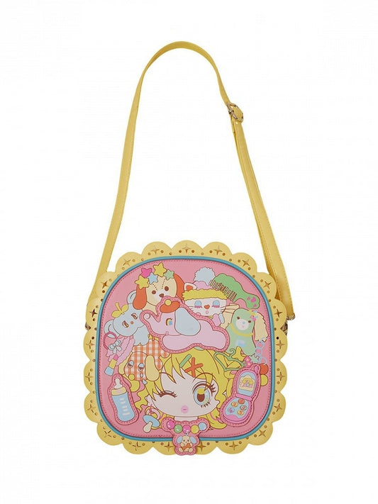 Pink Girl and Animals Print PU Bag