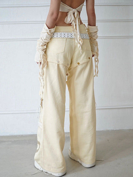 Lace-up Detail Beige Detachable Straight-leg Cut Jeans