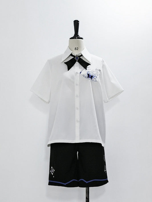 White Summer Ouji Fashion Tea Cup Embroidery Pocket Shirt