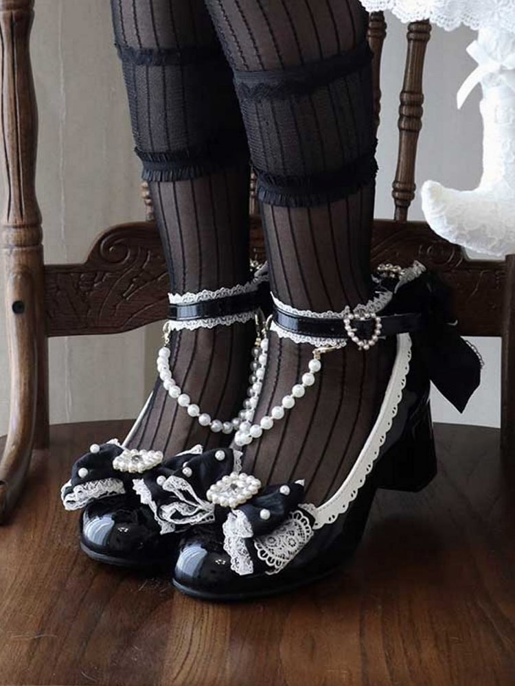 Black Beaded And Rhinestone Decorated Bow at Top Lace Trim Mary Janes With Detachable Beaded Chain