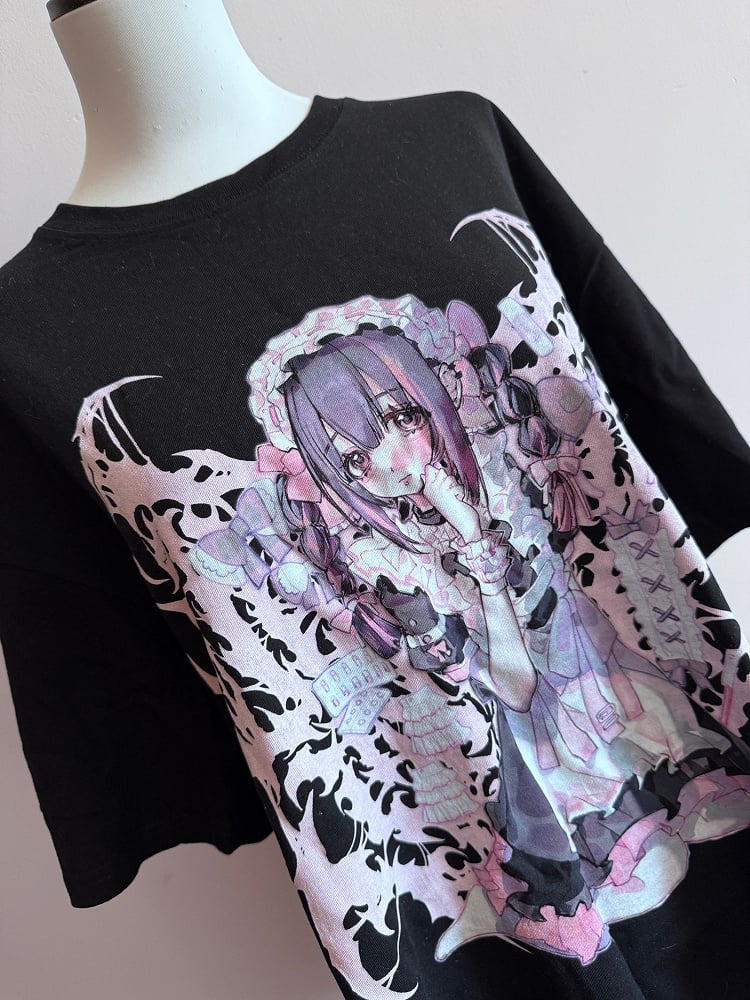 Black Jirai Kei Cartoon Girl Print Round Neck T-shirt