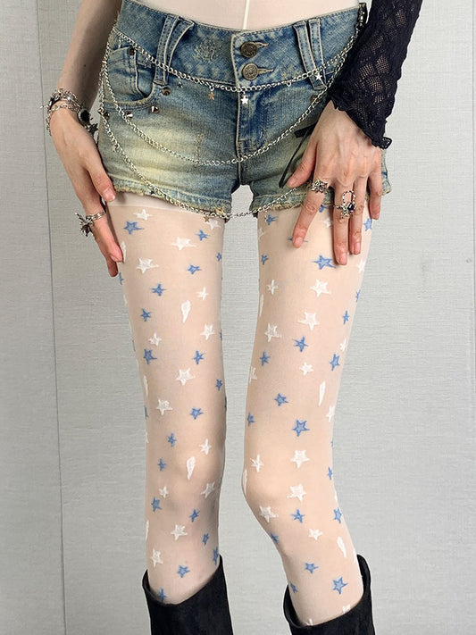 Milk White Y2K Star Print Punk Tights