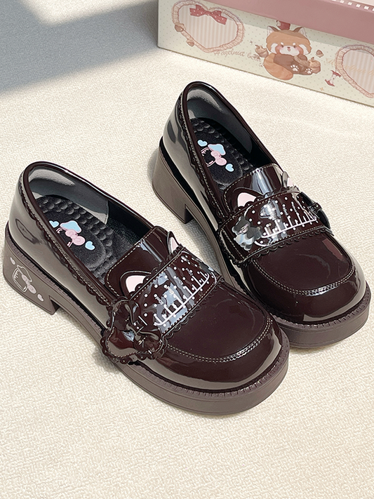 PU Brown Preppy Style Mid-heel Shoes - Milk Bottle Print with Slip-On Design & Cat Ear Accents