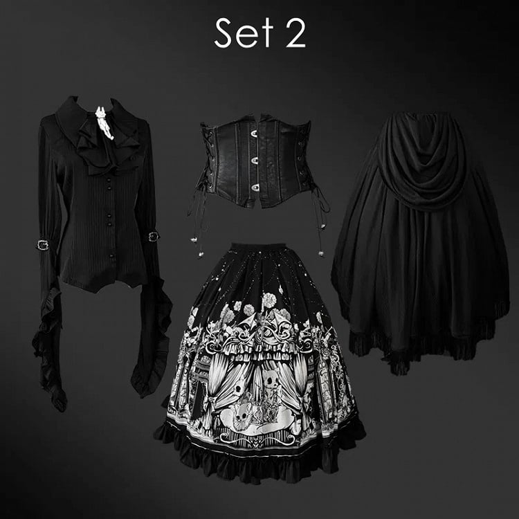 Plus Sizes Available Dark Gothic Lolita Full Set - Black Long Sleeves Shirt + Skirt + Corset Belt