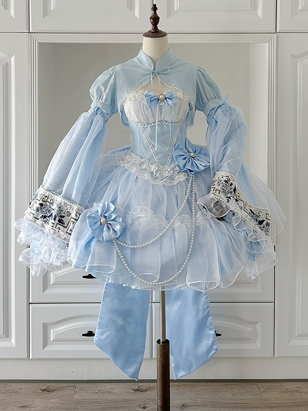 Plus Sizes Available Blue Boned Basque Waist Dress Princess Lolita JSK Full Set