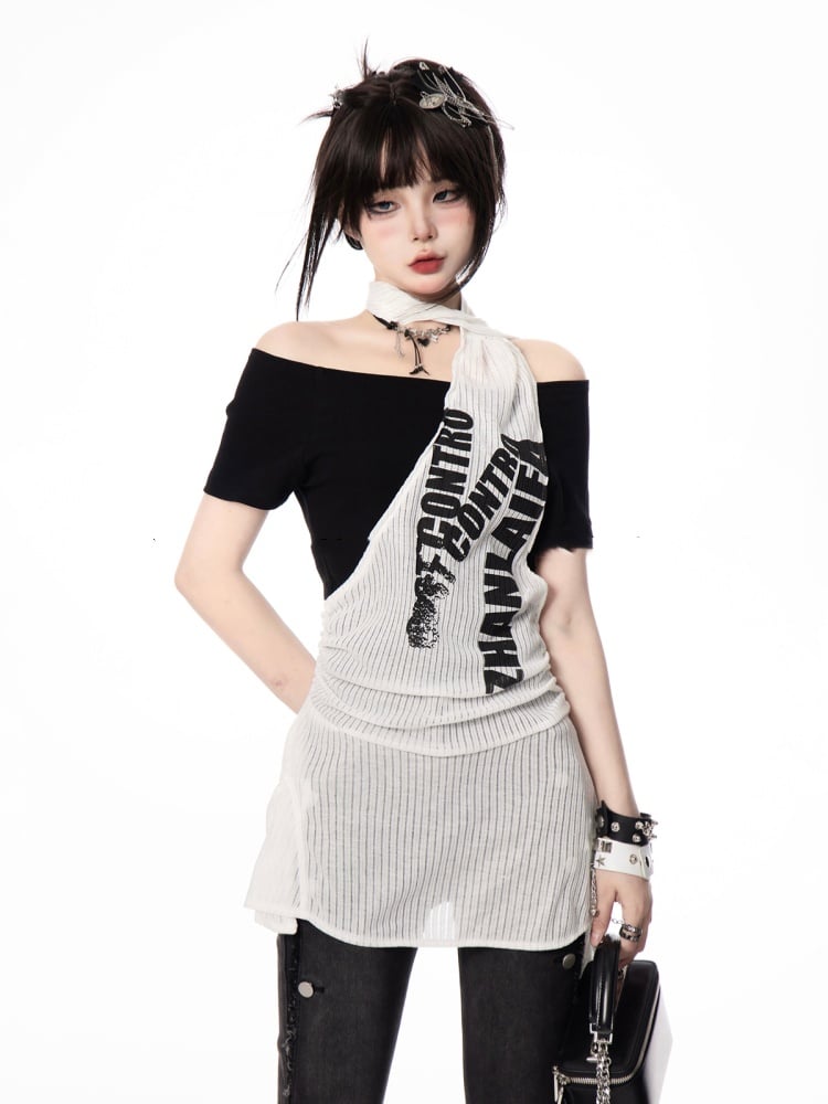 Y2K Black and White Letter Print Two-pieces Halter T-shirt
