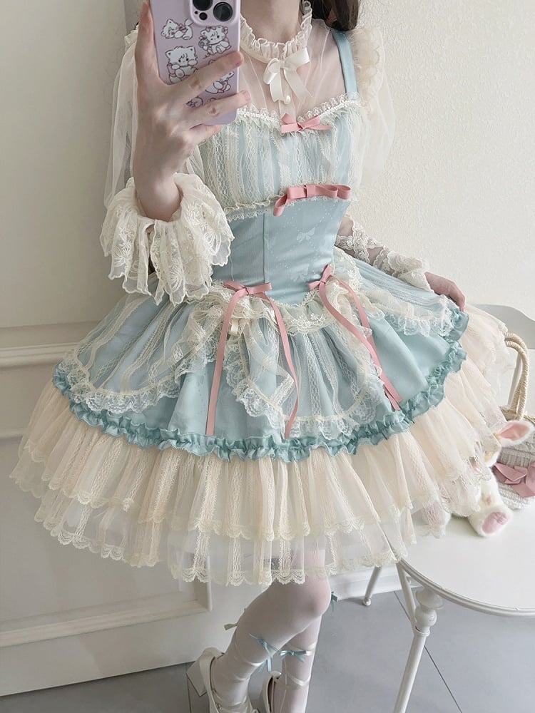Green Balletcore Small Bows Fabric Short Dress Lolita Jumper Skirt