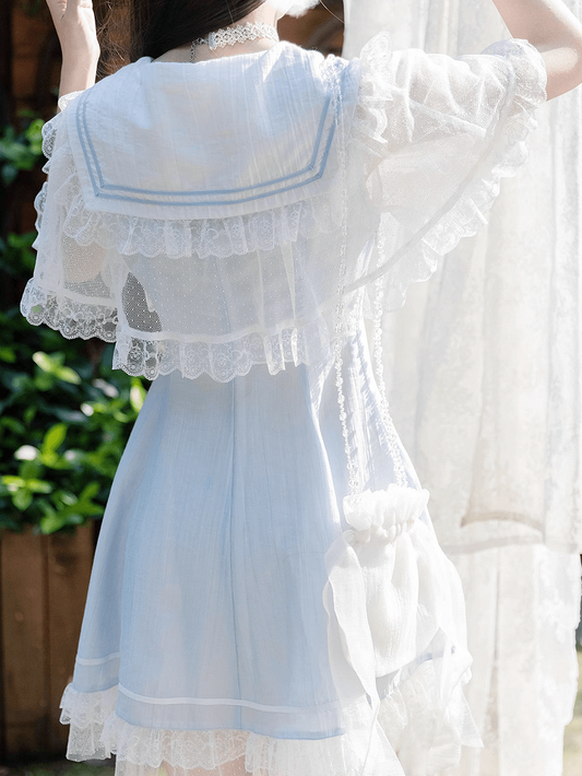 Light Blue Jirai Kei Sailor Collar Lace Cape Design Dress with Bowtie