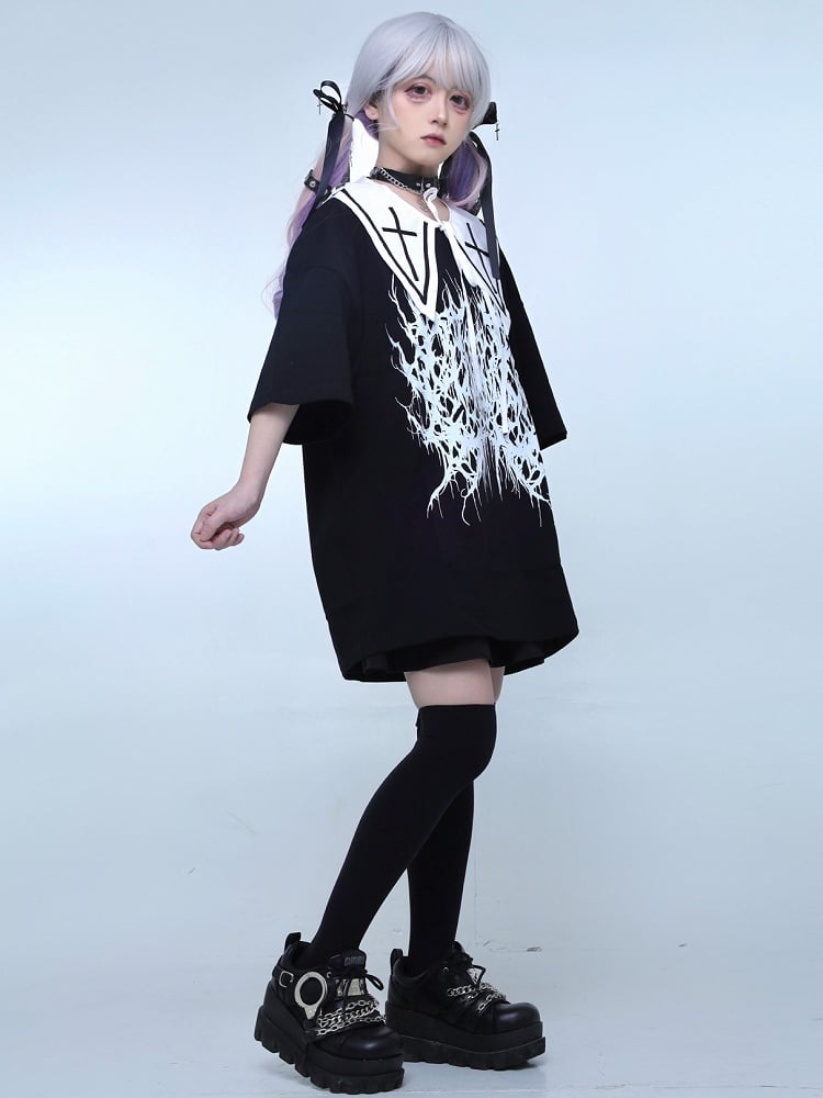 White Jirai Kei Cross Print Detachable Collar