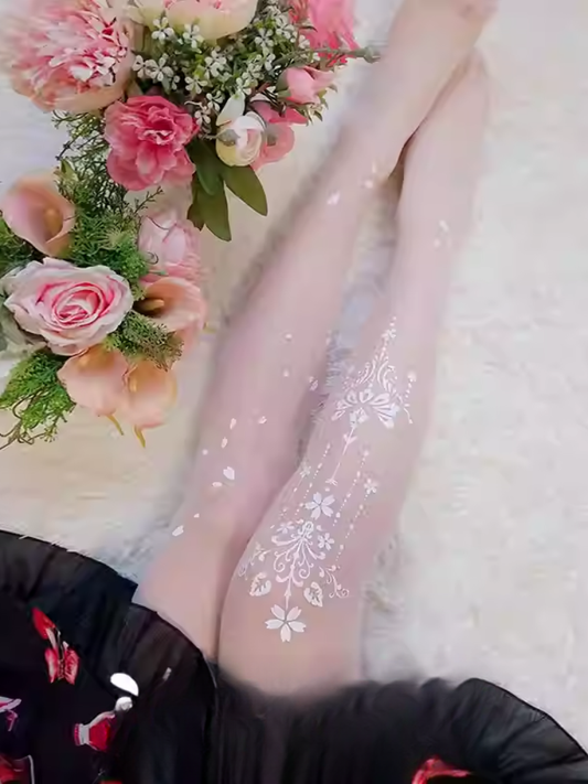 White/Black Sakura Print Lolita Tights
