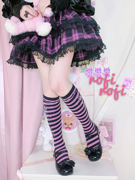 4 Colors Bunny Print Sweet Lolita Underknee Striped Stockings