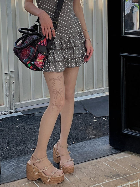 Black/Nude Semi-sheer Bowknot Print Pantyhose