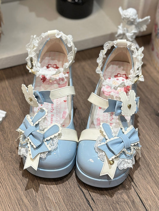 Polished Blue Sweet Lolita Bunny Decorated Bowknot Details Lace Trim Platform High Block Heels