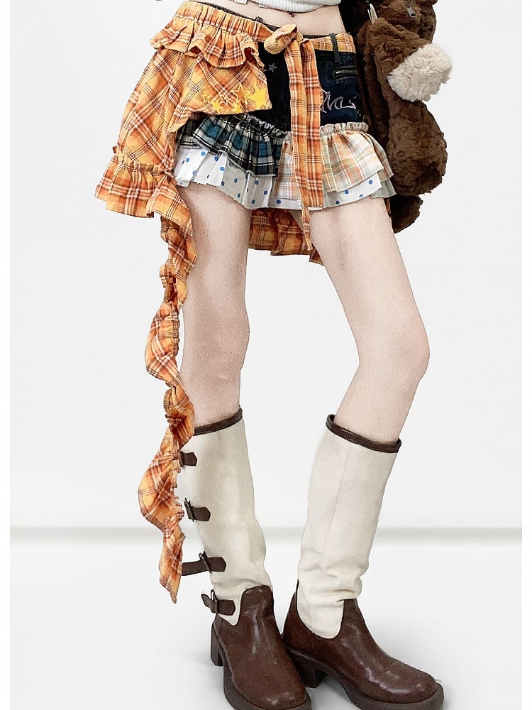 Blue Y2K Plaid And Polka-dot Pattern Shorts + Orange Plaid Pattern Letter Print Accessory