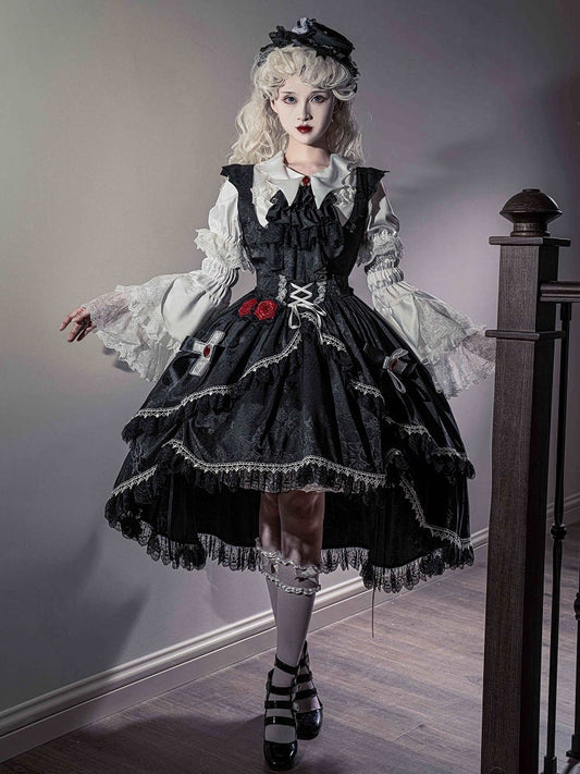Black High-low Skirt Gothic Lolita Dress Bat Wing Shaped Shoulder Straps