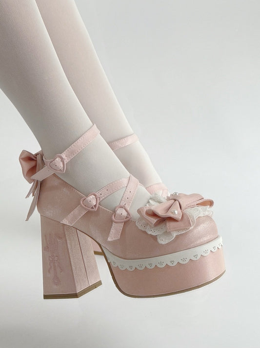 Pink Lolita Lace Bowknot Buckle Straps Fork Embroidery Platform Block High Heels