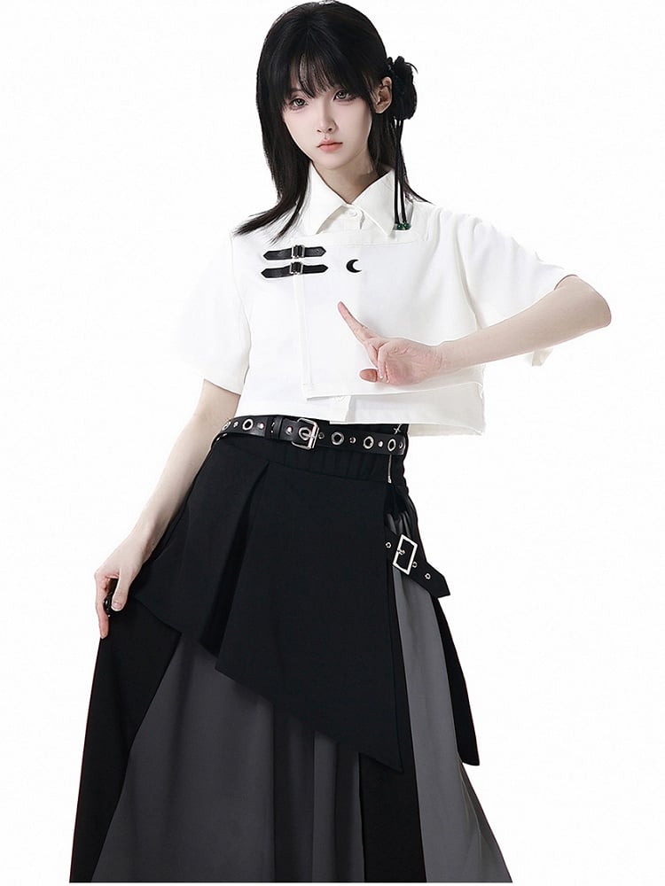 White/Gray Leather Buckles Cheongsam Style Short Sleeves Cropped Shirt with Tie