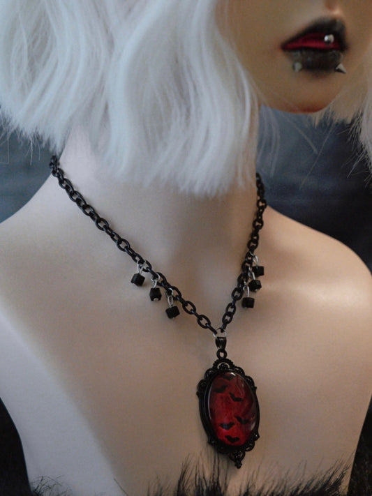 Black&Red Gothic Beaded And Bat Pendant Necklace