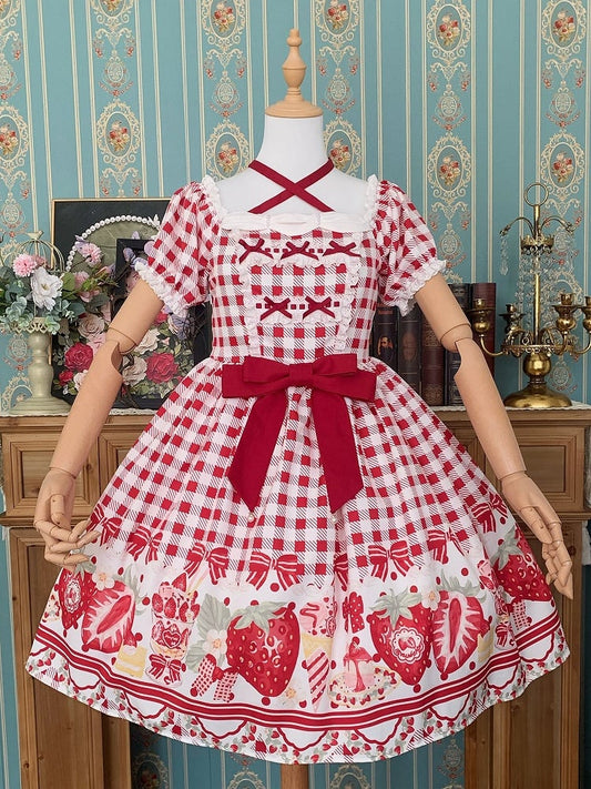 Plus Size Red Strawberry and Bow Print Lolita Gingham Dress