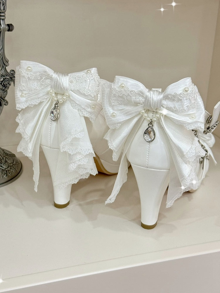 White Crisscross Design Heart Buckle Bow at Top High Heels