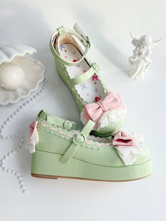 Apple Green Bow at Top Lace Trim Heart Buckles Platforms