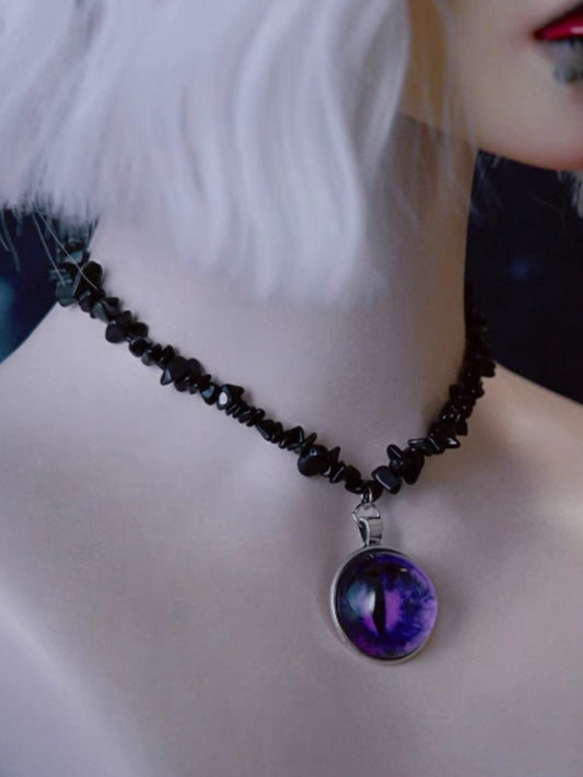 Purple Demon Eye Pendant Gothic Black Crushed Stone Necklace