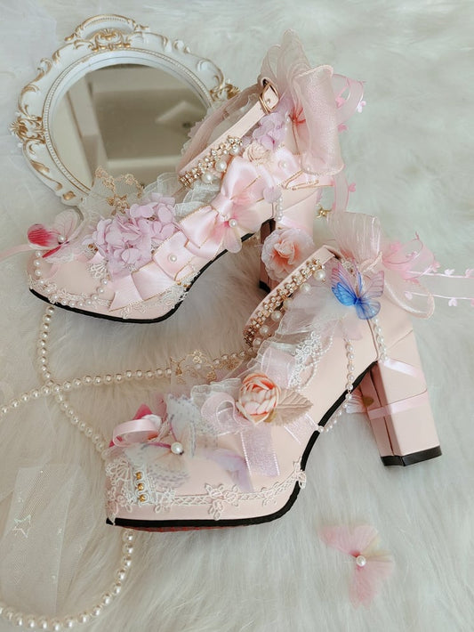 Pink Sakura Hime Lolita Shoes Bow Accents Butterfly Decorated Princess High Heels