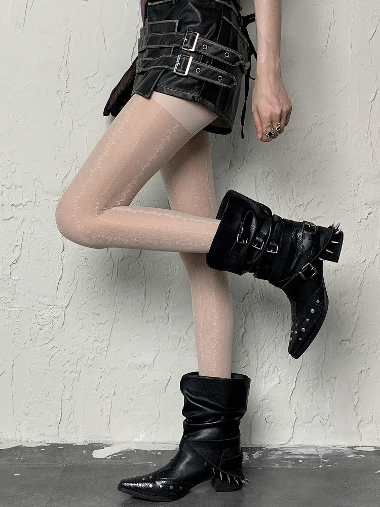 White/Black/Pink Y2K Floral and Polka-dot Pattern Tights