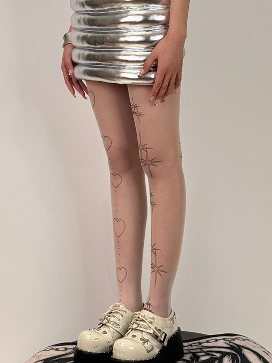 White Star And Heart Print Tights
