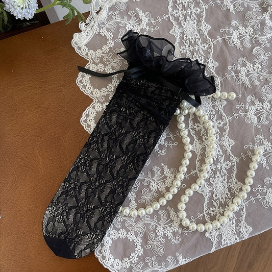 Black/Light Yellow/White Bowknot Details Lace Trim Hollow-out Underknee Stockings