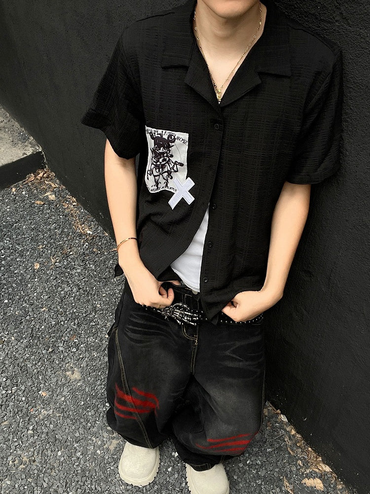 Punk Applique Black/White Notched Collar Short Sleeves Shirt