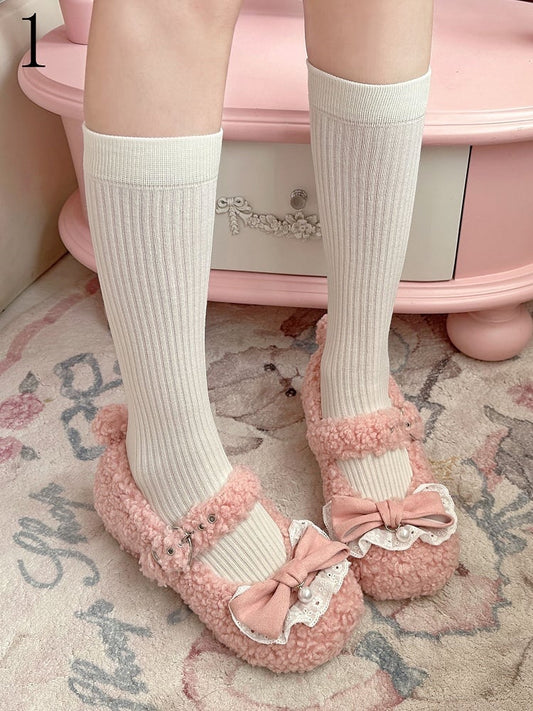 White Striped Pattern Lolita Calf Socks