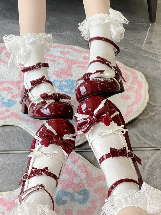 Wine Red Ruffle Trim Decorated Bow at Top 3.5CM Sweet Lolita Block Heel Mary Janes