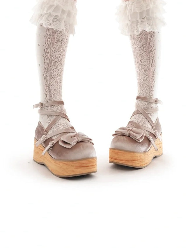 Sweet Beige Mary Janes for Lolita - Platform Heel with Bow Decor & Crossed Straps
