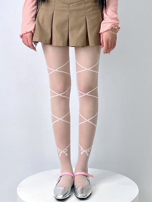 Nude/White Bowknot Print Crisscorss Banded Tights