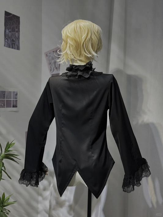 Black Ouji Lolita Ruffle Neckline Prince Style Long Sleeves Shirt