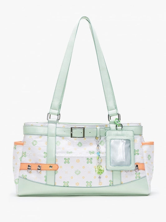 Green & White Clover-Themed Large Capacity Tote Ita Bag with Strap Accents And Detachable Ita Card Holder