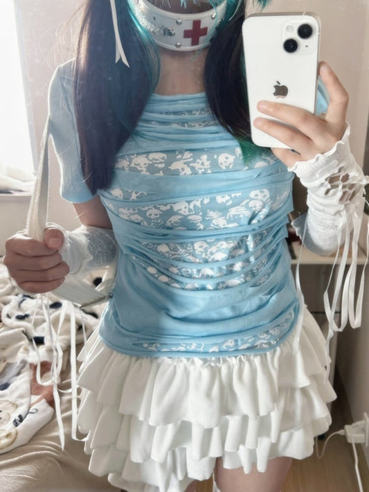 Light Blue Double-layer Skeleton Print Hollowed-out Punk T-shirt