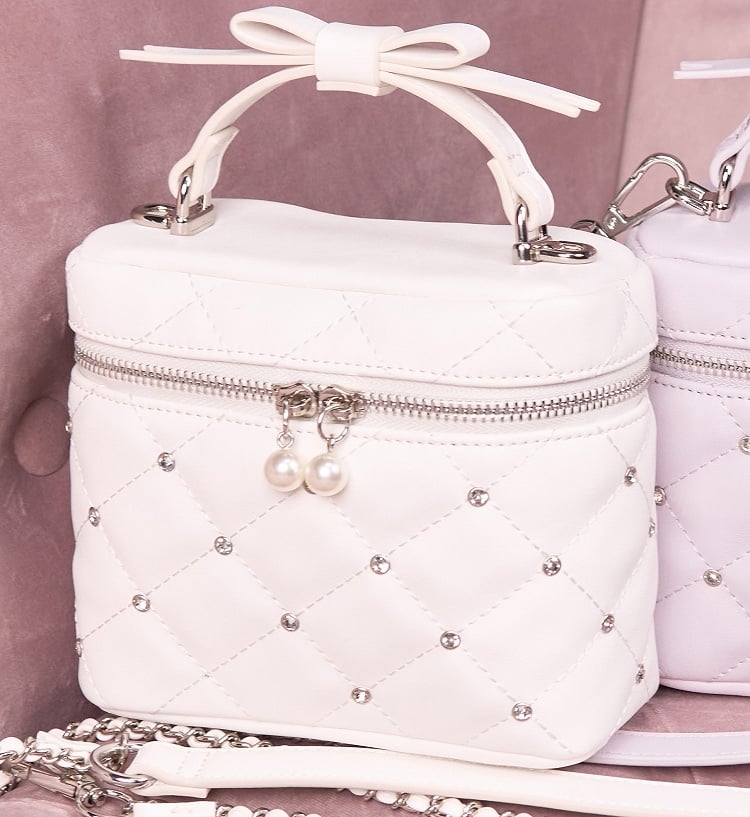 Pink/White/Black Jirai Kei Quilted Crossbody/Handbag with Rhinestone Decor