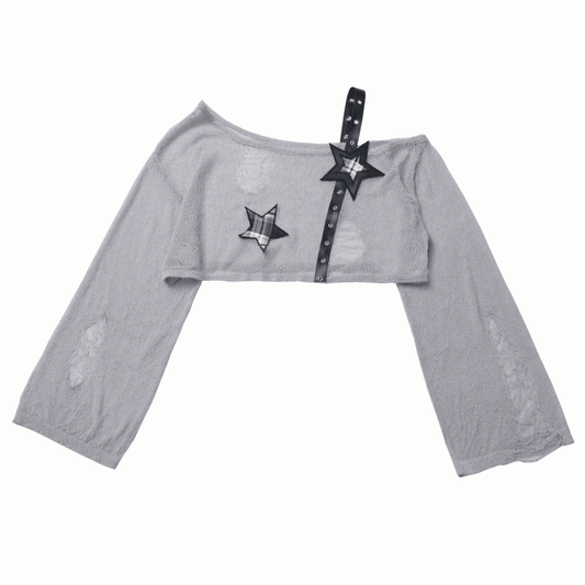 Black/Gray Star Strap Distressed Holes Punk Rock Hollow-Out Cropped Coverup